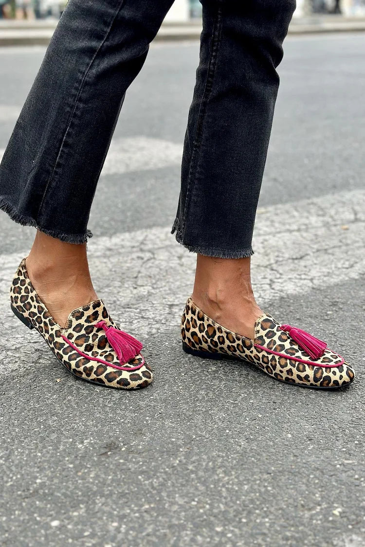Aurora | Imprimé Animal Mocassin with Fuchsia Frange