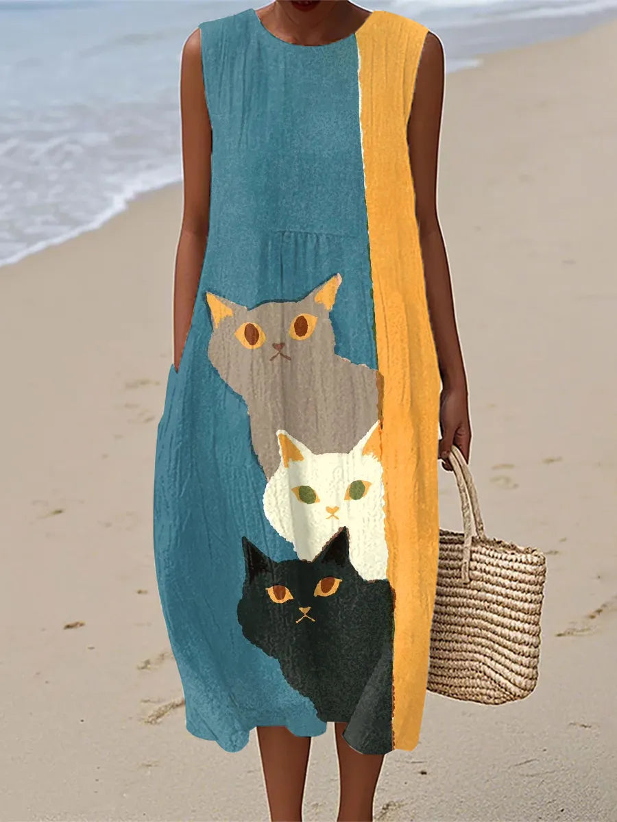 Océane | Robe Mi-Longue Imprimé Chats Vintage