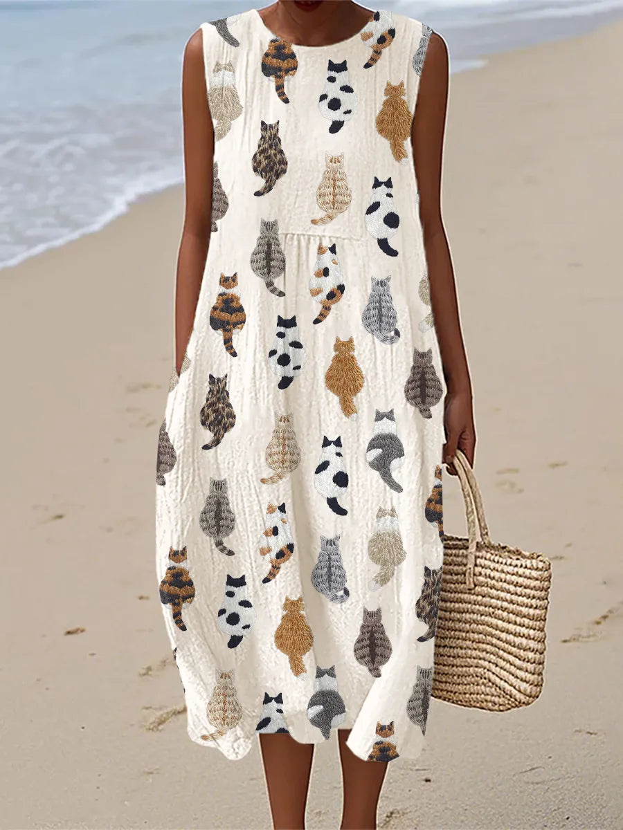 Marguerite | Robe Midi Imprimé Chat Artistique