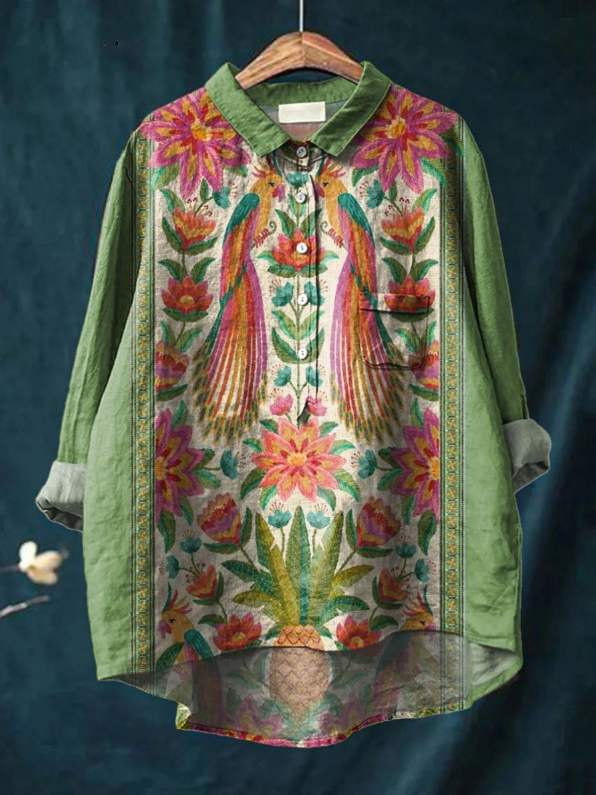Inès | Chemise Florale Vintage à Motif Oiseaux