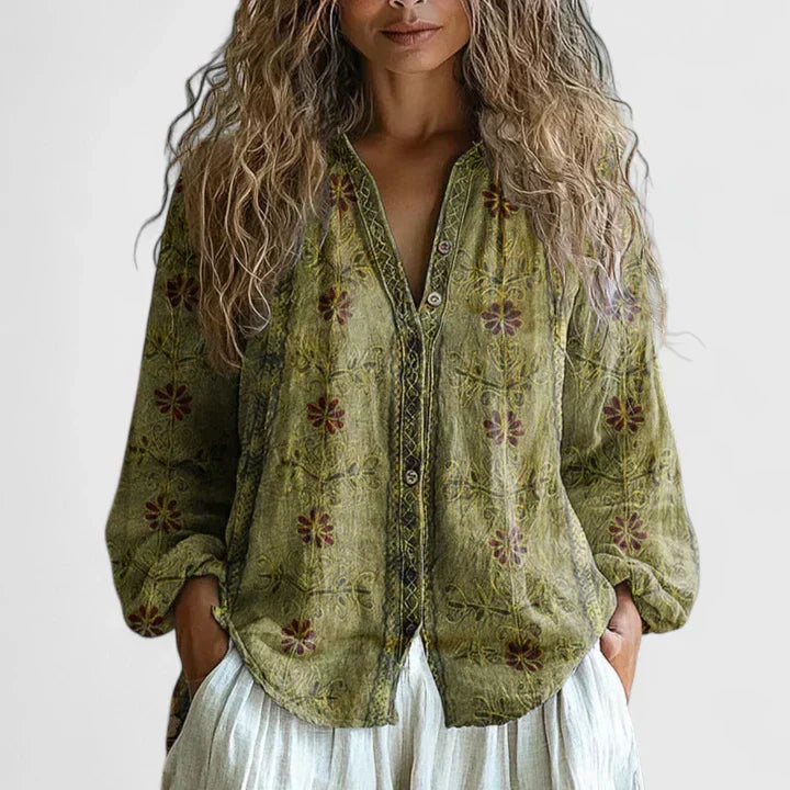 Camila | Rétro Feuille Print Blouse