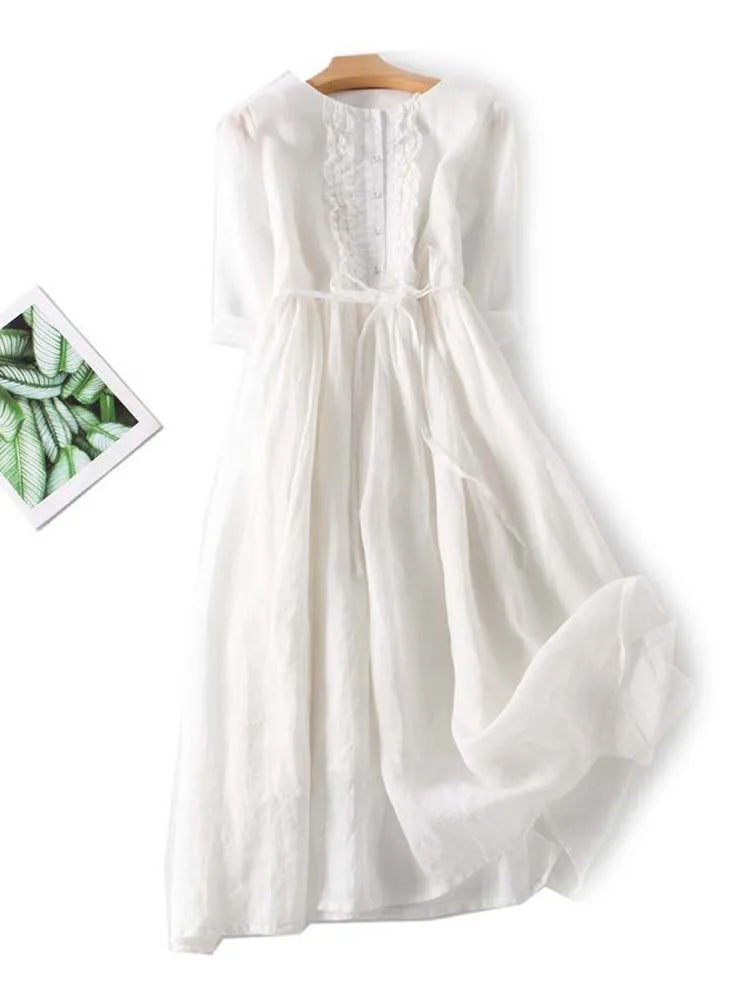 Delphine | Sage Volant-Trim Robe Mi-Longue