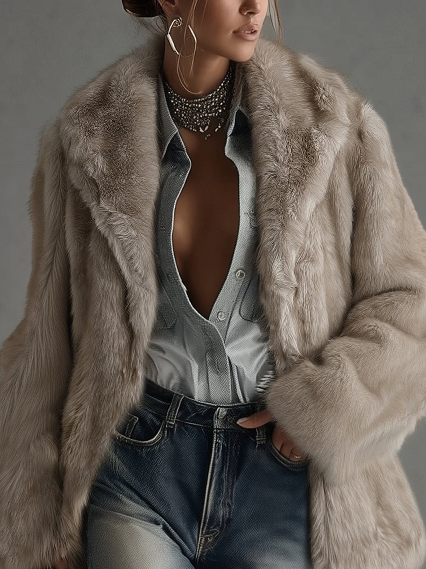 Valentina | Manteau Long Oversized Fausse Fourrure Taupe
