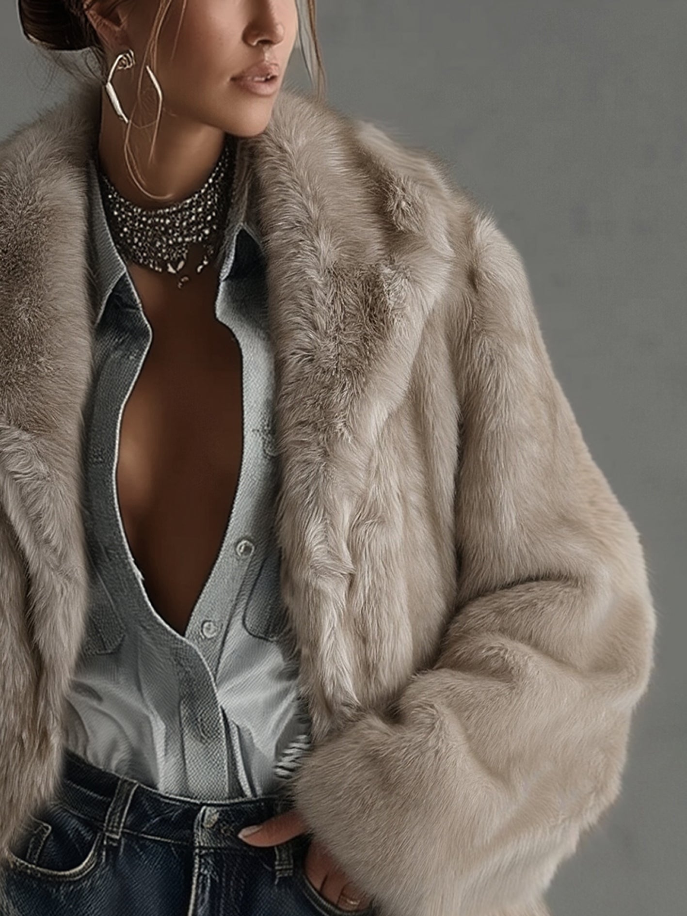 Valentina | Manteau Long Oversized Fausse Fourrure Taupe
