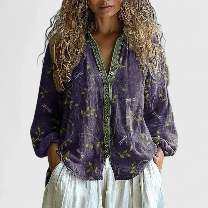 Camila | Rétro Feuille Print Blouse