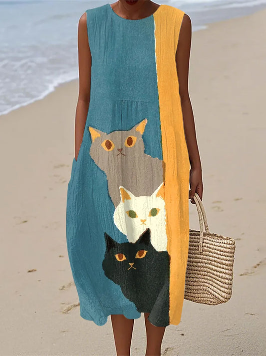 Océane | Robe Mi-Longue Imprimé Chats Vintage