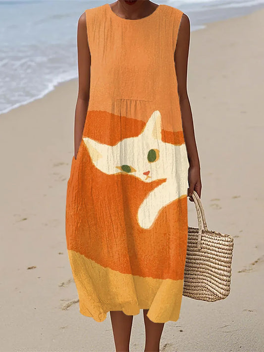 Salomé | Robe Midi Imprimé Chat Artistique