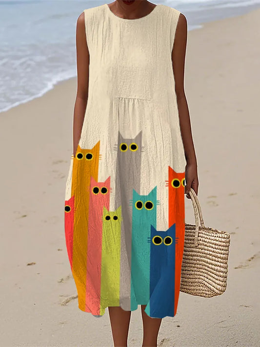 Delphine | Robe Midi Imprimé Chat Artistique