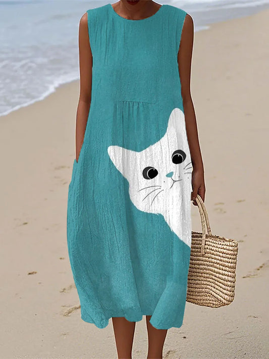 Luna | Robe Midi Imprimé Chat Artistique