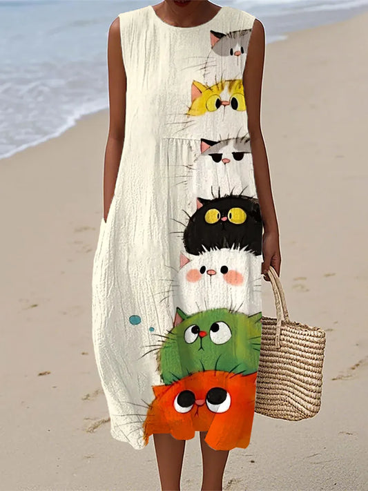 Aurore | Robe Midi Imprimé Chat Artistique