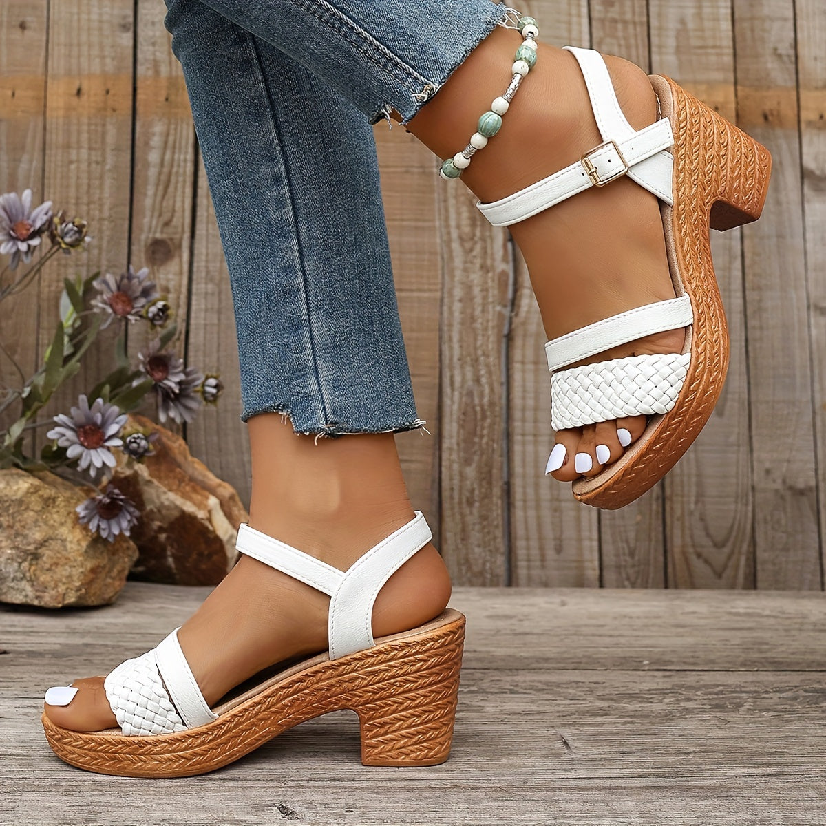Delphine | Tressé Talon Bloc Sandales