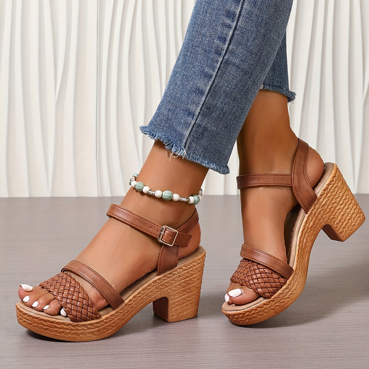 Delphine | Tressé Talon Bloc Sandales