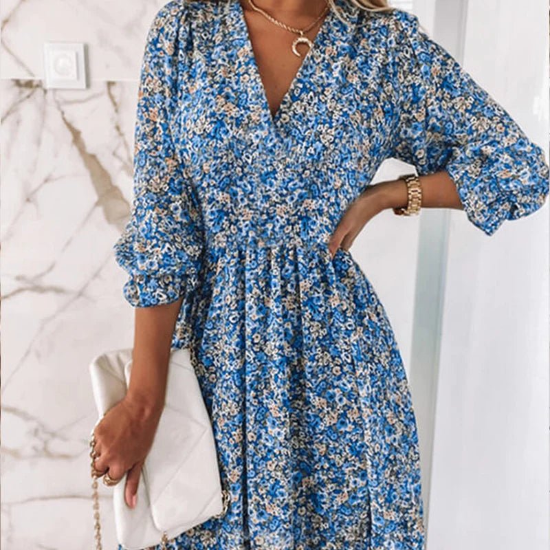Camille | Robe Midi Florale à Manches Bouffantes