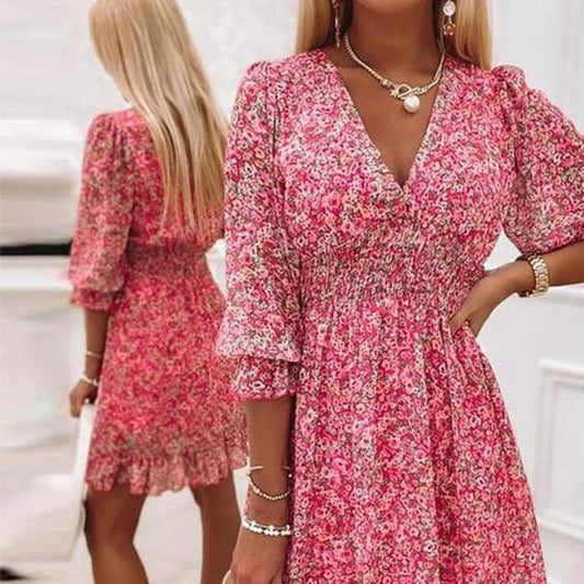 Camille | Robe Midi Florale à Manches Bouffantes
