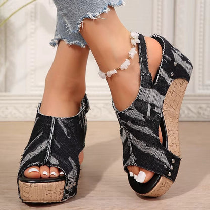 Margot | Cork & Denim Compensé Sandales