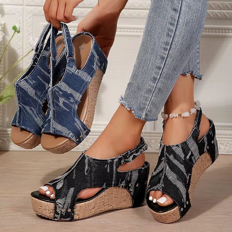 Margot | Cork & Denim Compensé Sandales