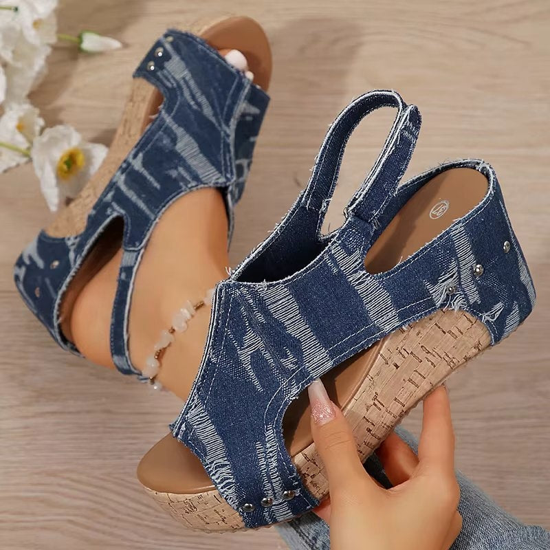 Margot | Cork & Denim Compensé Sandales