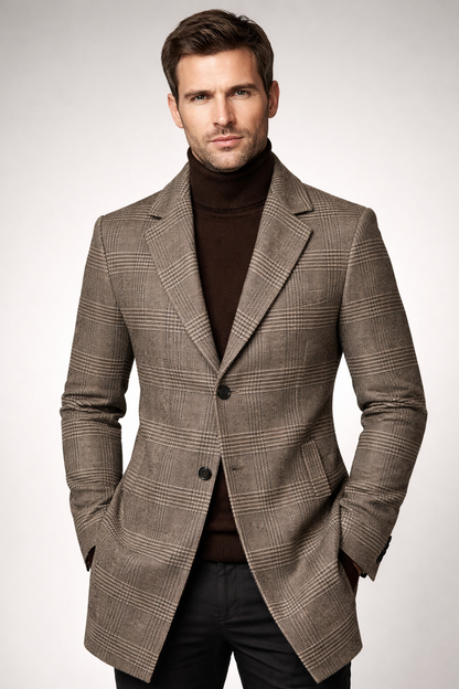 Timothée | Manteau en Laine À Carreaux Taupe
