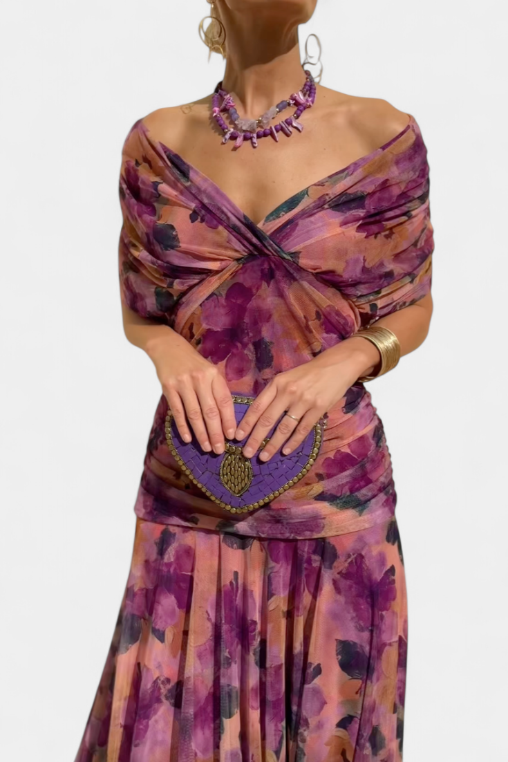 Gabrielle | Plissé Floral Robe Longue