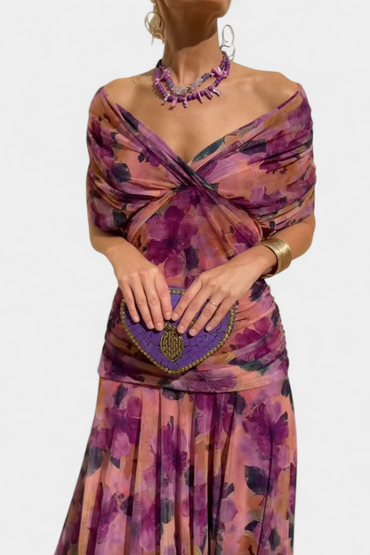 Gabrielle | Plissé Floral Robe Longue