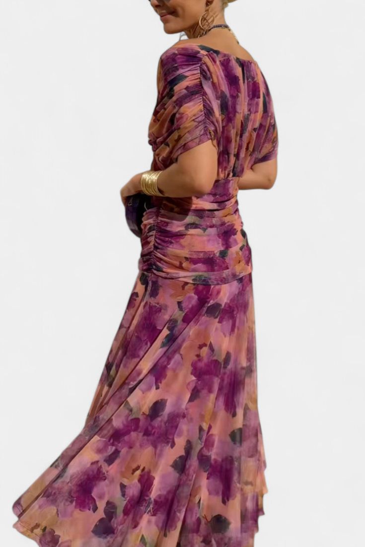 Gabrielle | Plissé Floral Robe Longue
