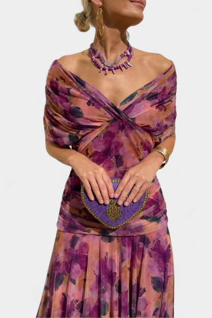 Gabrielle | Plissé Floral Robe Longue