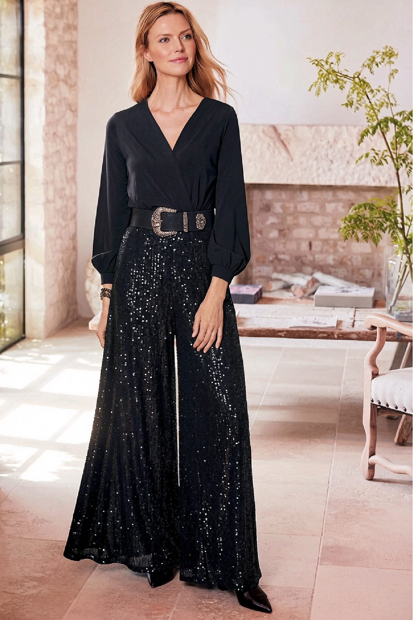 Evangeline | Sequined Jambes Larges Combinaison