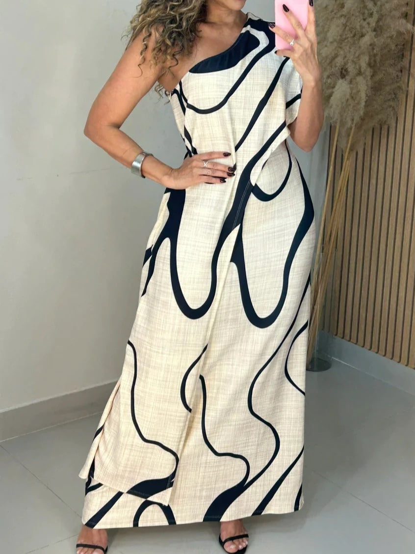 Céleste | Robe Maxi Épaules Dénudées Imprimé Abstrait