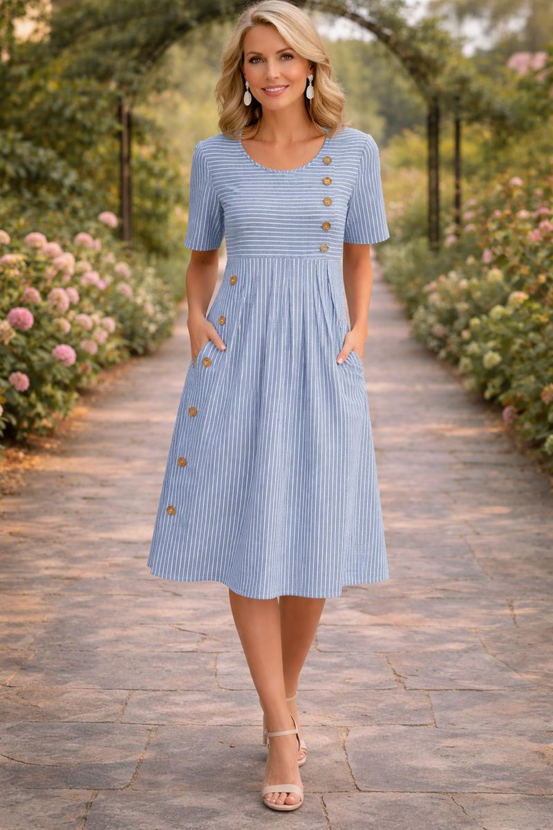 Léa | Robe Midi Rayée à Manches 3/4