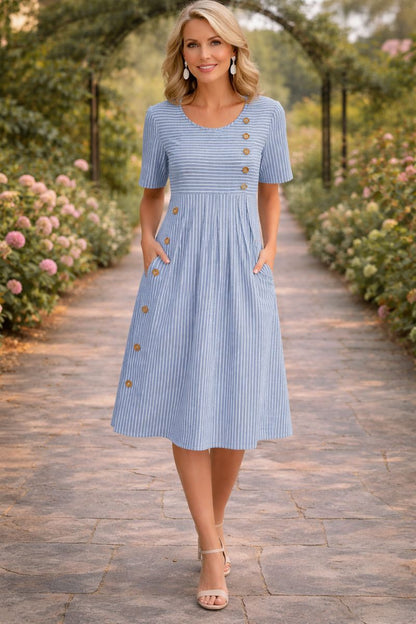 Léa | Robe Midi Rayée à Manches 3/4