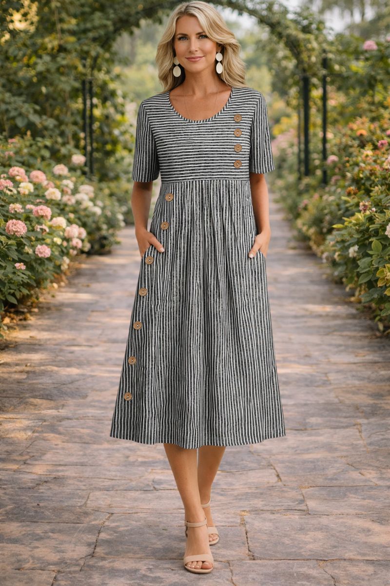 Léa | Robe Midi Rayée à Manches 3/4