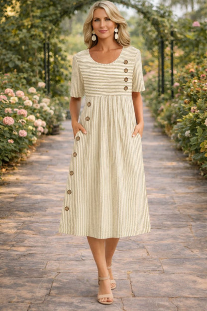 Léa | Robe Midi Rayée à Manches 3/4