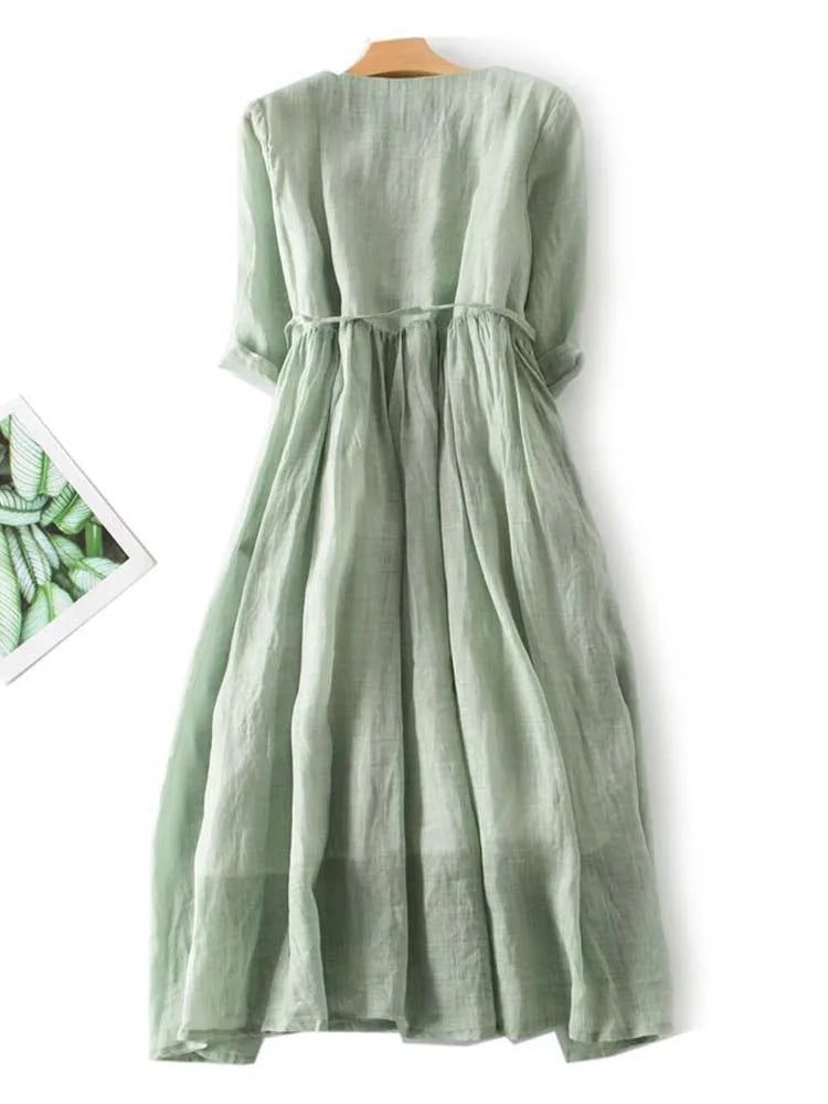 Delphine | Sage Volant-Trim Robe Mi-Longue