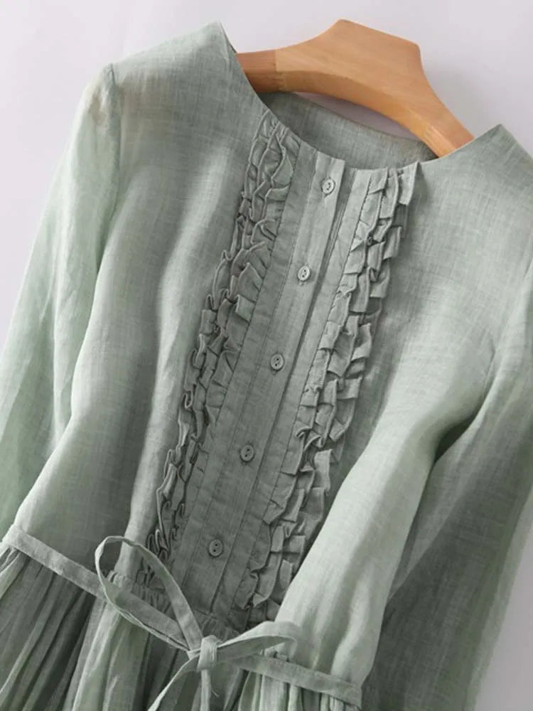 Delphine | Sage Volant-Trim Robe Mi-Longue