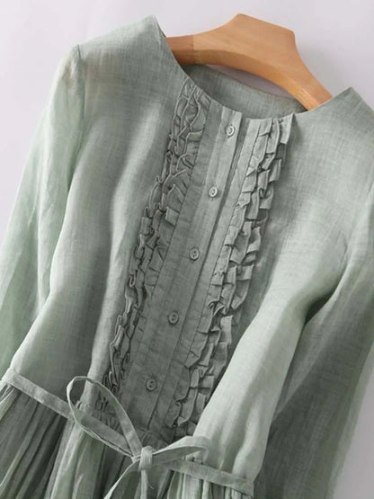 Delphine | Sage Volant-Trim Robe Mi-Longue