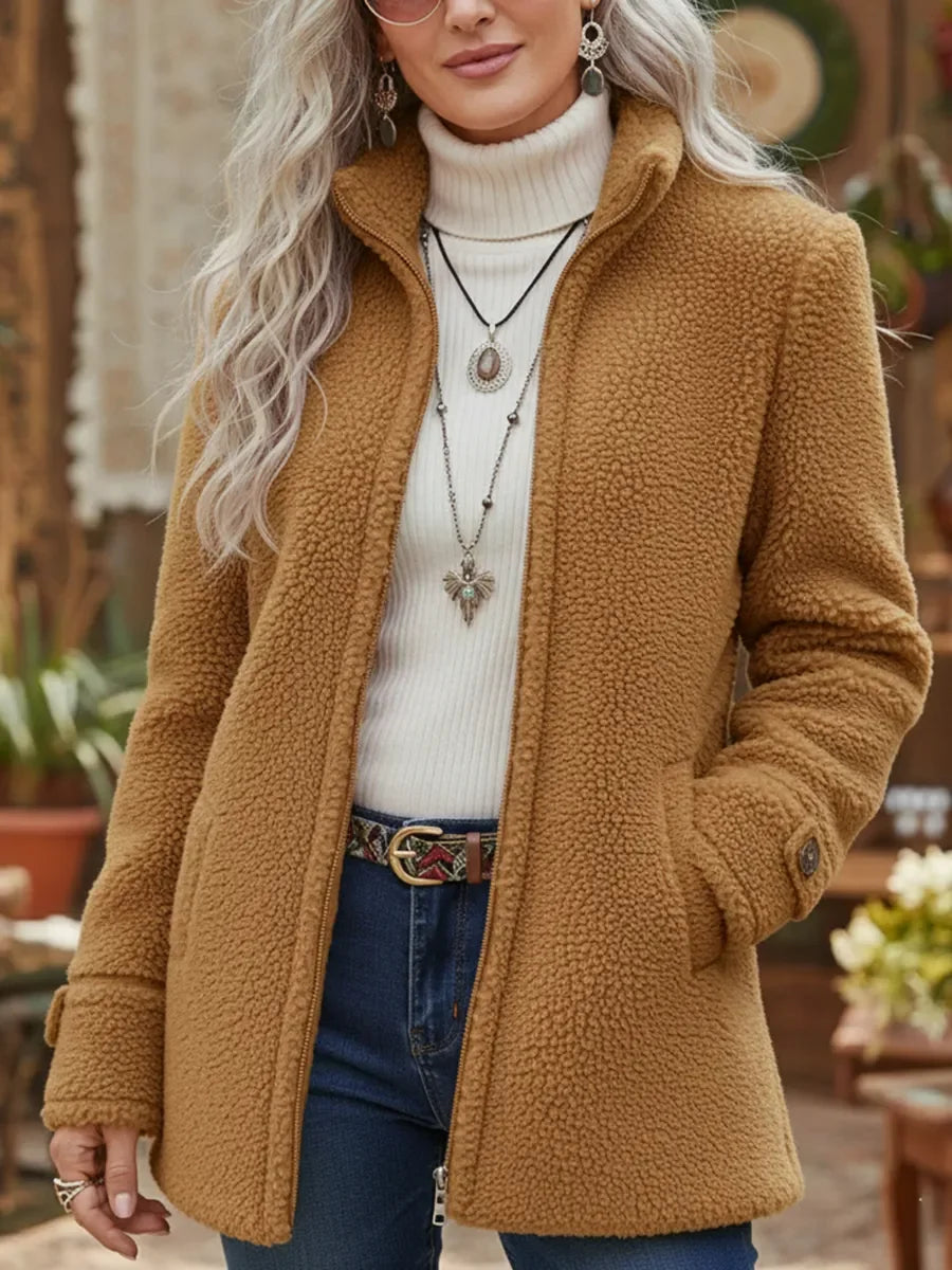 Claire | Veste Zippée Col Montant Effet Laine