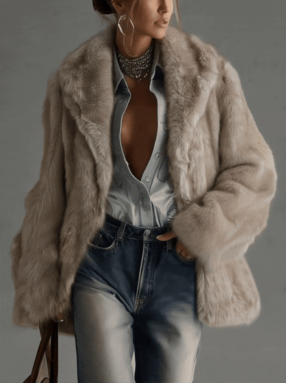 Valentina | Manteau Long Oversized Fausse Fourrure Taupe