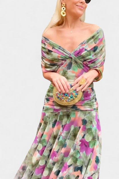 Gabrielle | Plissé Floral Robe Longue