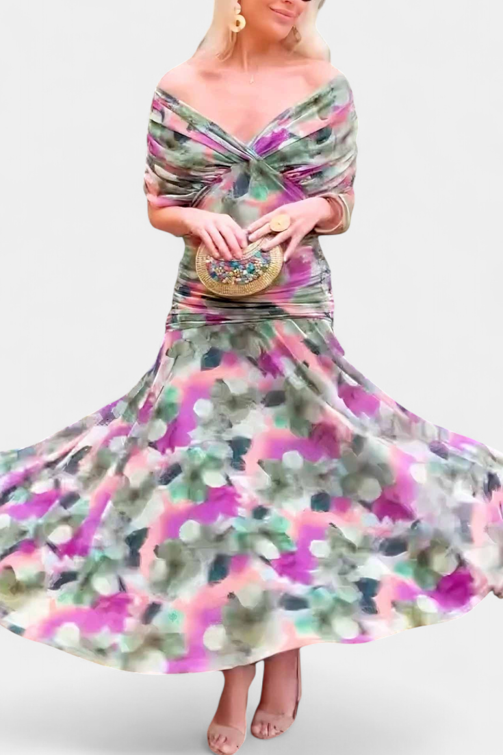 Gabrielle | Plissé Floral Robe Longue