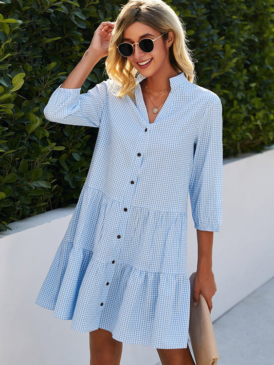 Luna | Fluide Bleu Vichy Robe Mi-Longue